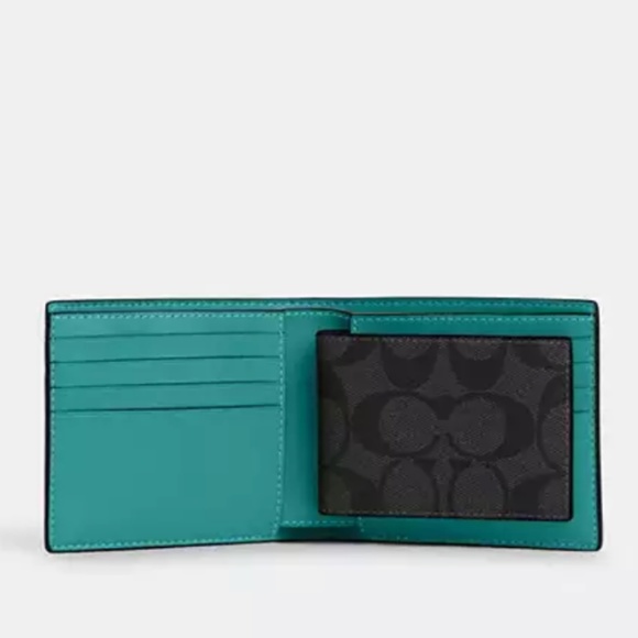 New Coach 3 In 1 Wallet In Signature Canvas Black/Turquoise - Picture 1 of 2